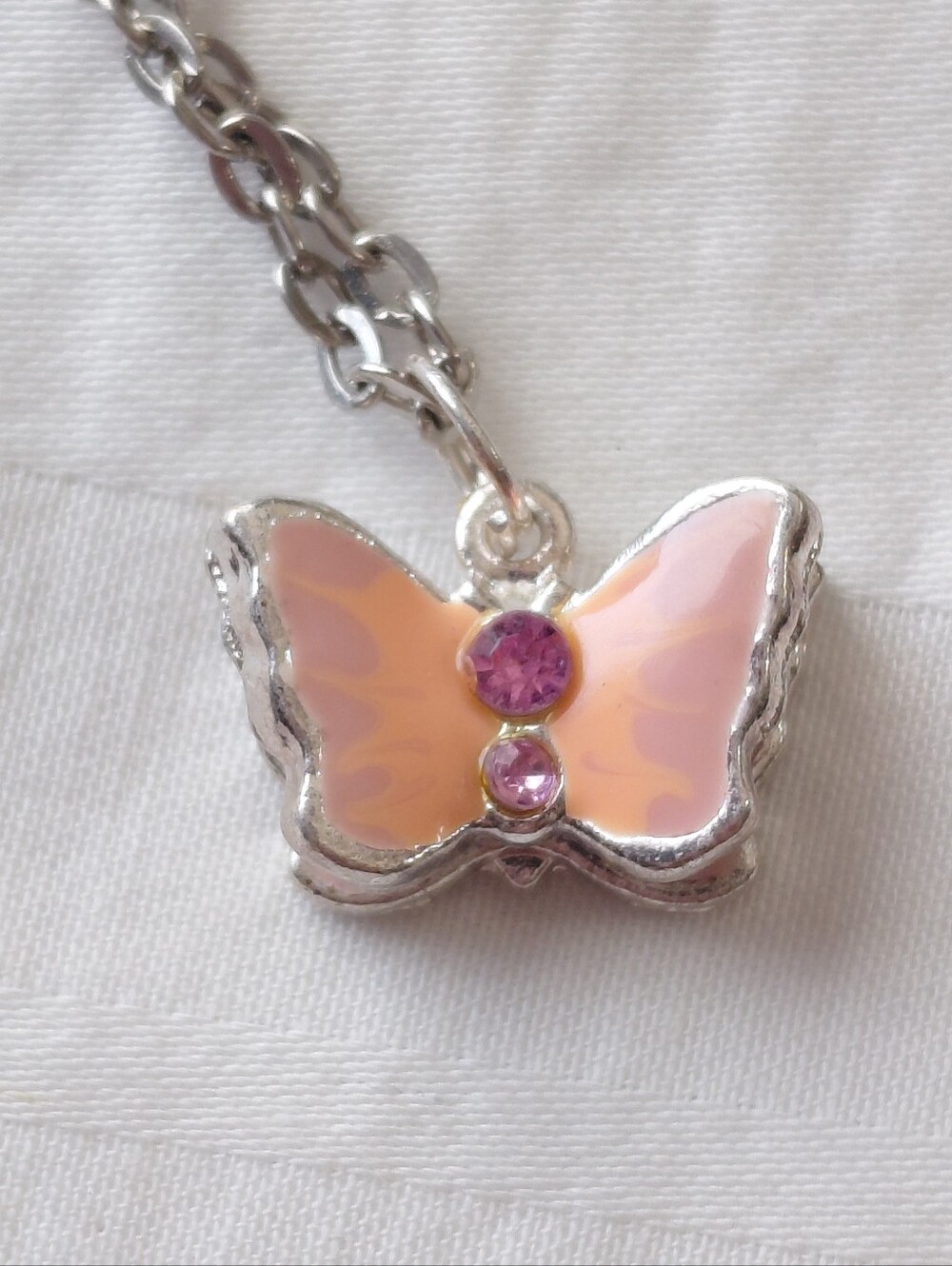 Silver Pink Butterfly Necklace Rhinestone - Picture 2 of 5
